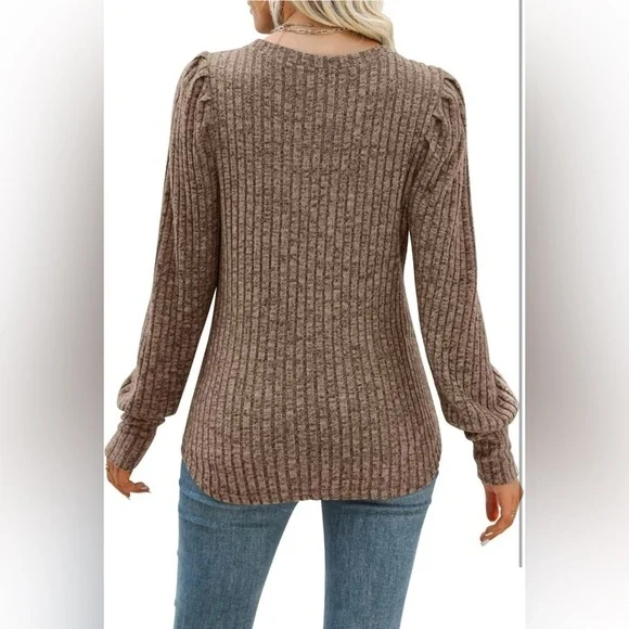 Women's Puff Long Sleeve Shirts Casual Knit Blouses Crew Neck Elegant New L - Picture 2 of 9
